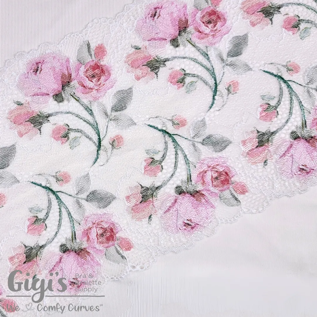 Lace, Stretch Lace, 6" Glossy Rose Garden Stretch Lace, 6 inch