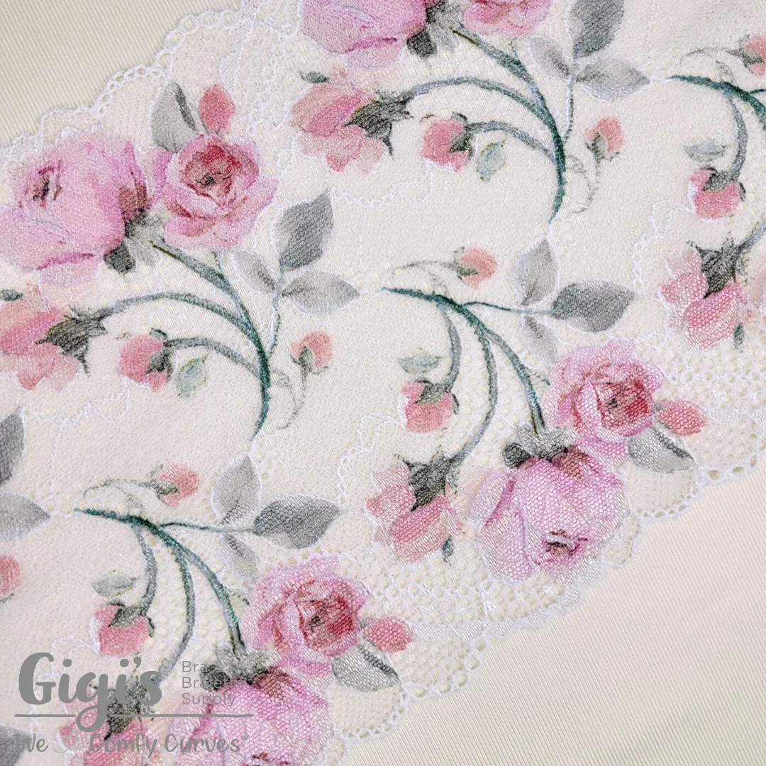 Lace, Stretch Lace, 6" Glossy Rose Garden Stretch Lace, 6 inch