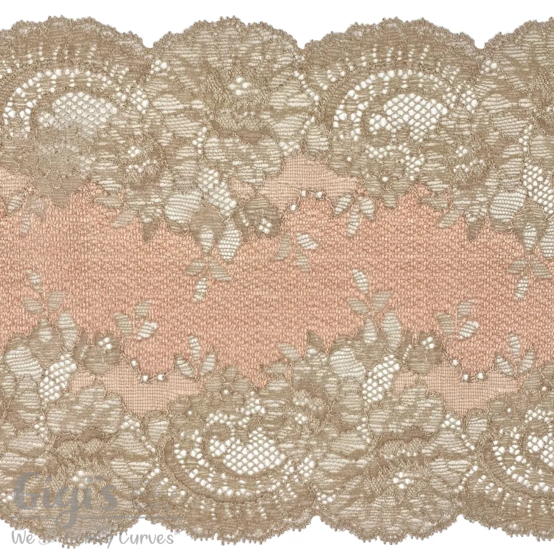 Lace, Stretch Lace, 6" Taupe and Shell Pink Floral Stretch Lace, 6 inch