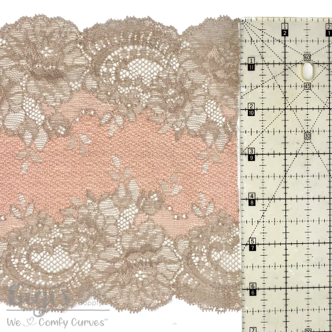 Lace, Stretch Lace, 6" Taupe and Shell Pink Floral Stretch Lace, 6 inch