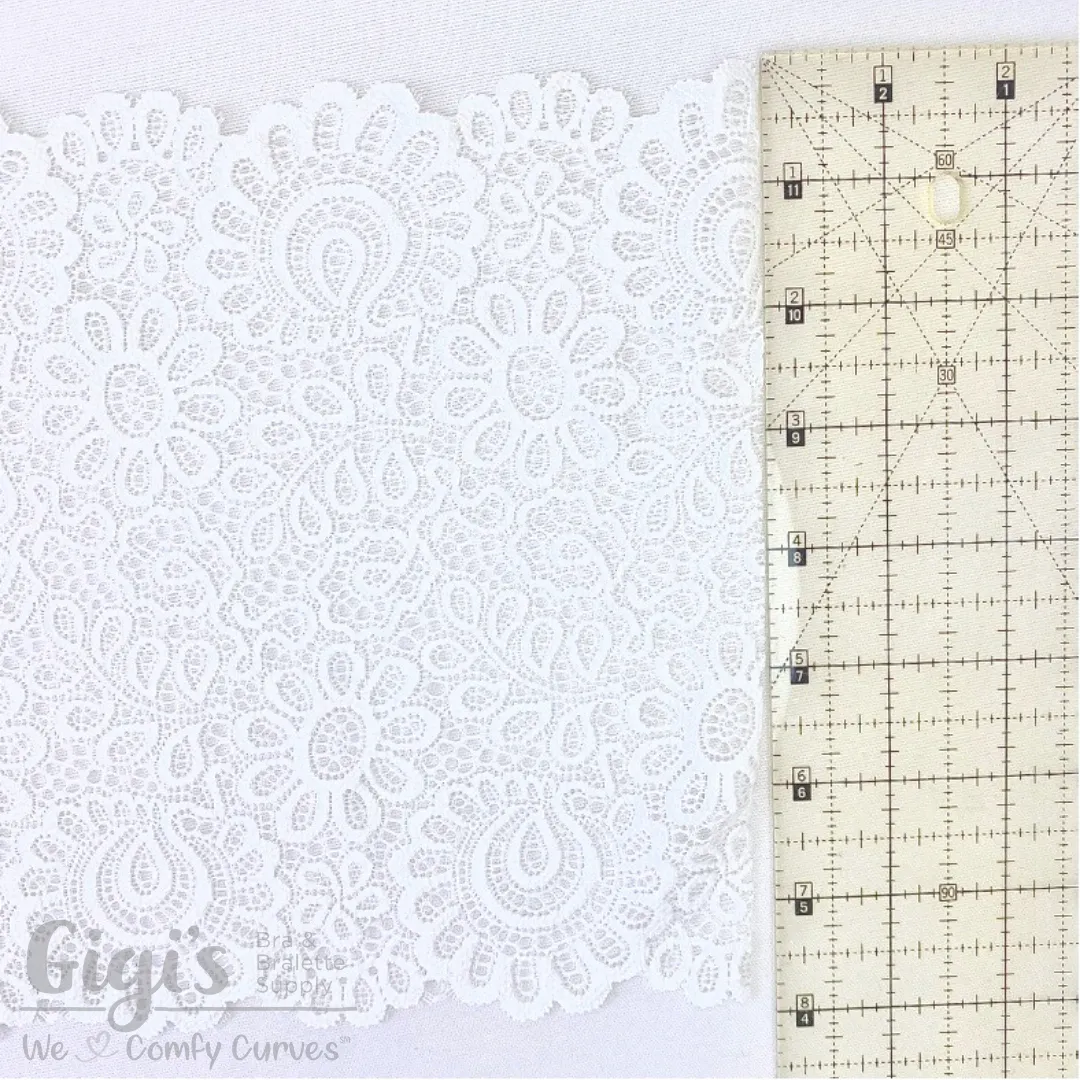 Lace, Stretch Lace, 8" White Groovy Floral Stretch Lace, 8 inch