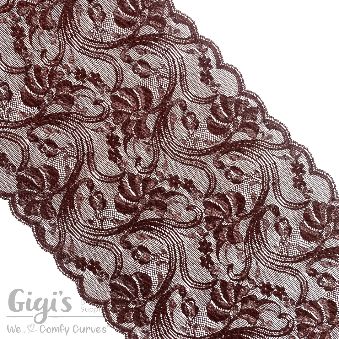 Lace, Stretch Lace, 9" Chocolate Floral Stretch Lace, 9 inch