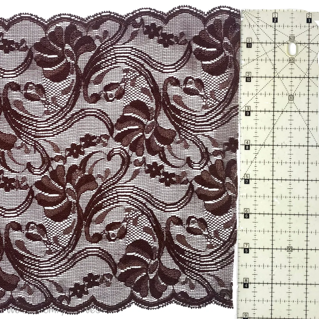 Lace, Stretch Lace, 9" Chocolate Floral Stretch Lace, 9 inch