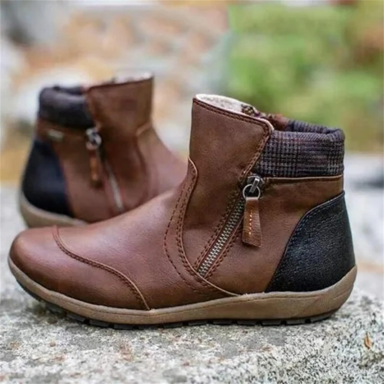 Ladmiple Ankle Boots For Women No Heel Casual Cowboy Boots Cowgirl Western Pull On Short Booties Zipper Walking Shoes