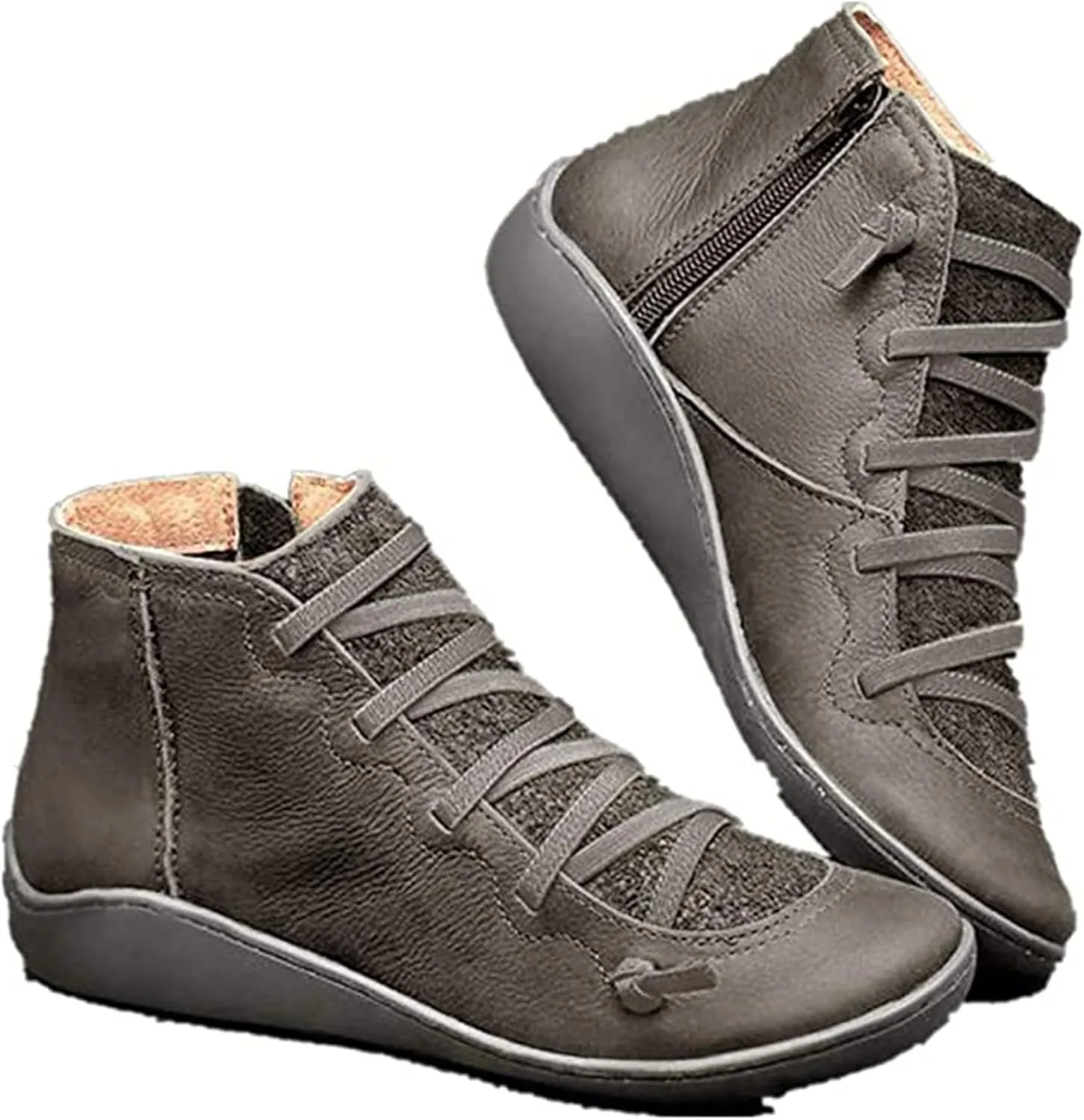 Ladmiple Ankle Boots For Women No Heel Casual High Top Side Zipper Short Booties Western Cowboy Cowgirl Walking Shoes