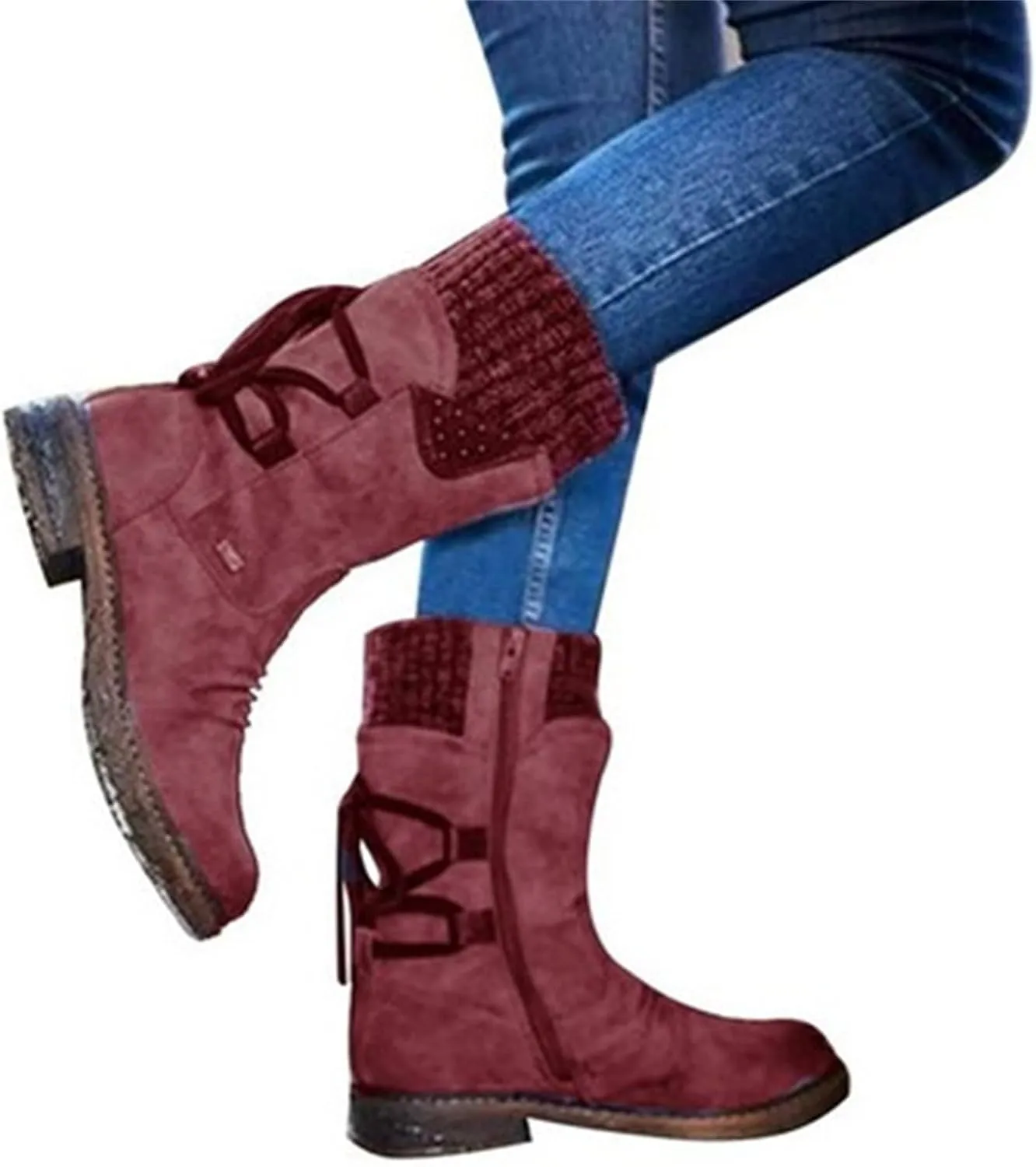 Ladmiple Ankle Boots Women Comfort Mid Calf Riding Winter Boots Side Zipper Low Heel Motorcycle Combat Military Biker Western Booties