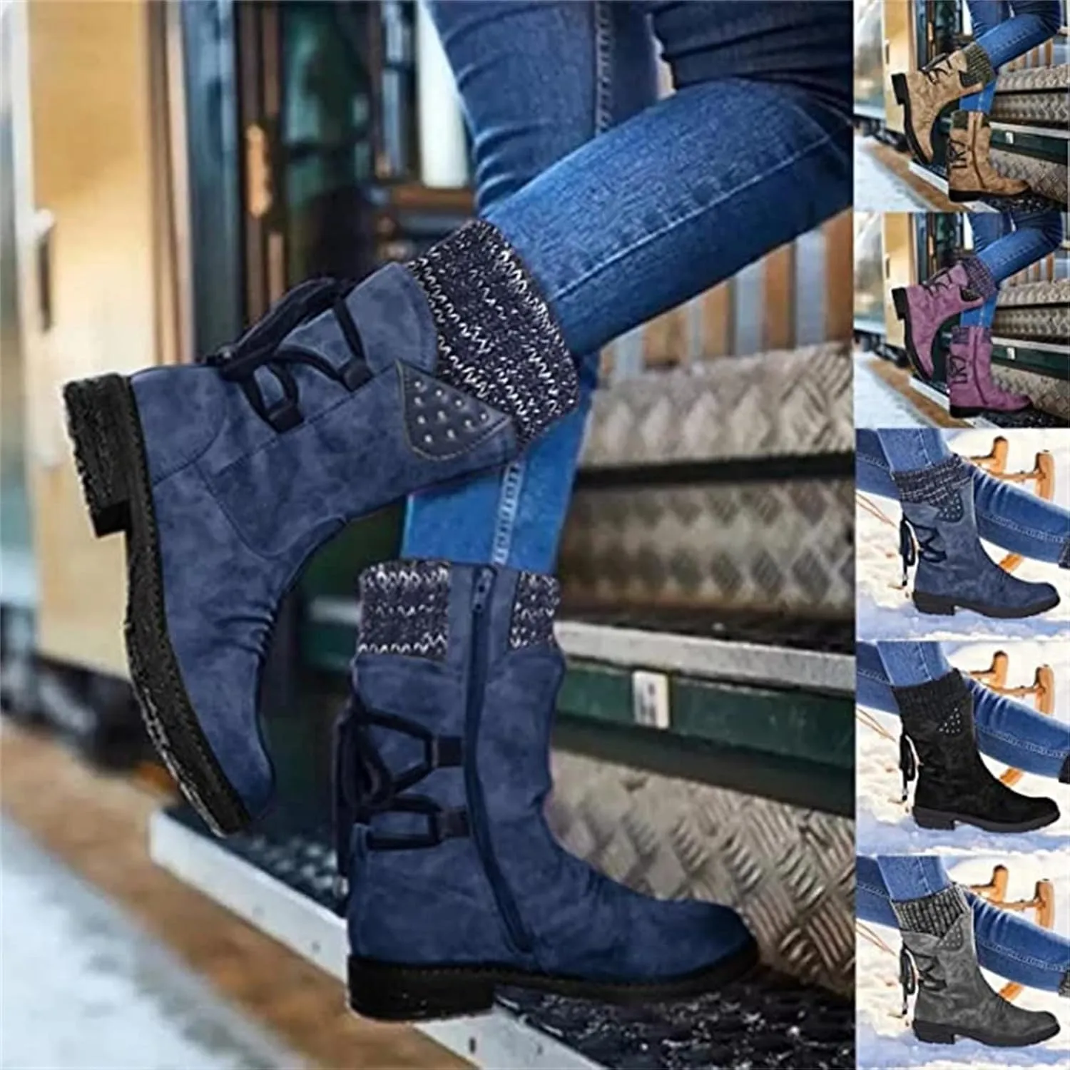 Ladmiple Ankle Boots Women Comfort Mid Calf Riding Winter Boots Side Zipper Low Heel Motorcycle Combat Military Biker Western Booties