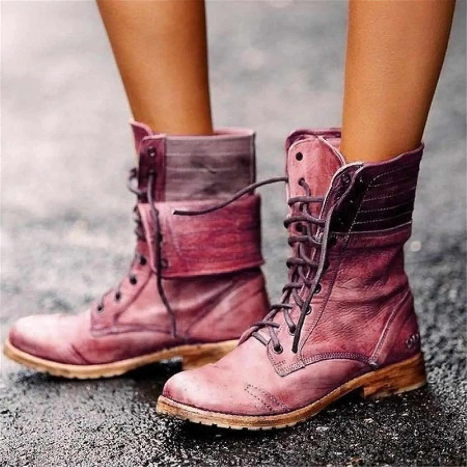 Ladmiple Boots For Women Ankle Booties Western Biker Boots Mid Calf Low Heel Motorcycle Fashion Combat Riding Military Boots