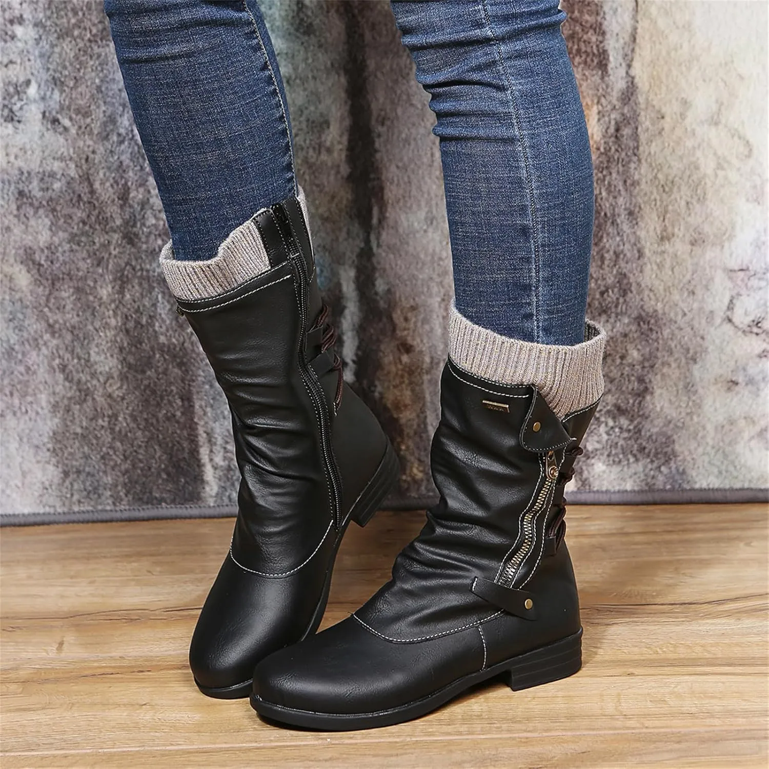 Ladmiple Boots For Women Ankle Booties Wide Width Cowboy Cowgirl Boots with Side Zipper Mid Calf Fashion Riding Biker Boots