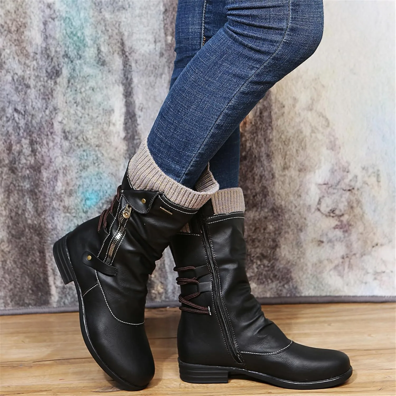 Ladmiple Boots For Women Ankle Booties Wide Width Cowboy Cowgirl Boots with Side Zipper Mid Calf Fashion Riding Biker Boots