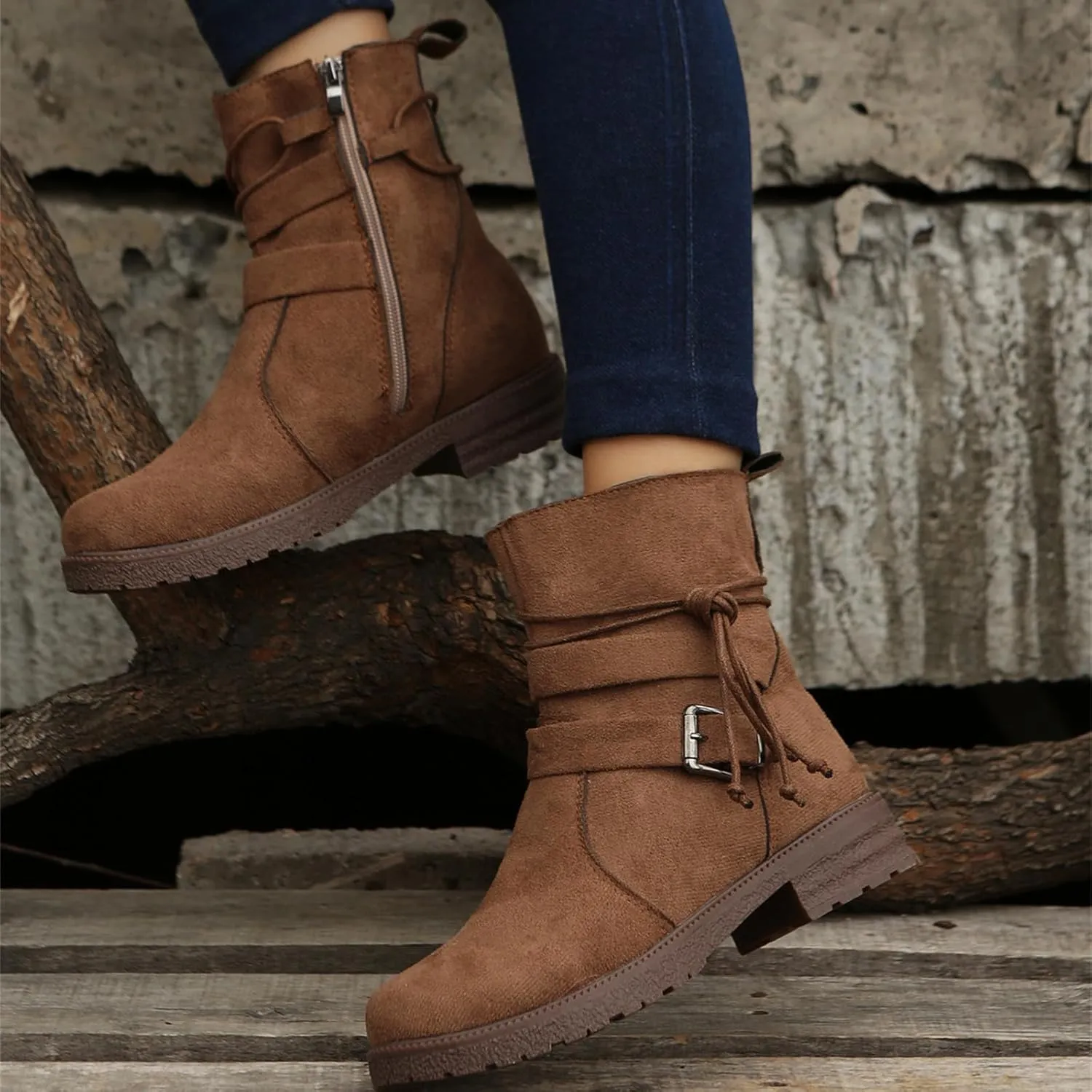 Ladmiple Boots For Women Ankle Booties Wide Width Mid Calf Dress Biker Boots Side Zipper Motorcycle Riding Western Boots