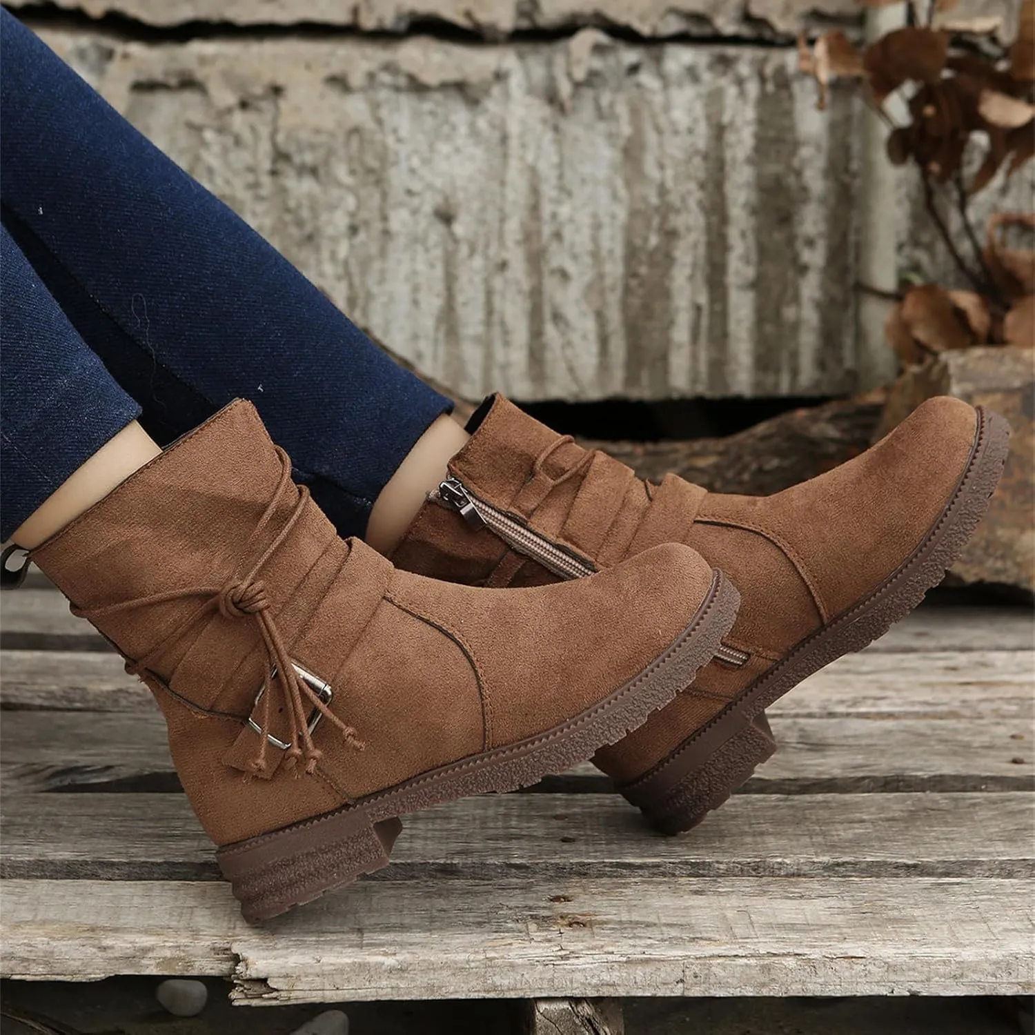 Ladmiple Boots For Women Ankle Booties Wide Width Mid Calf Dress Biker Boots Side Zipper Motorcycle Riding Western Boots