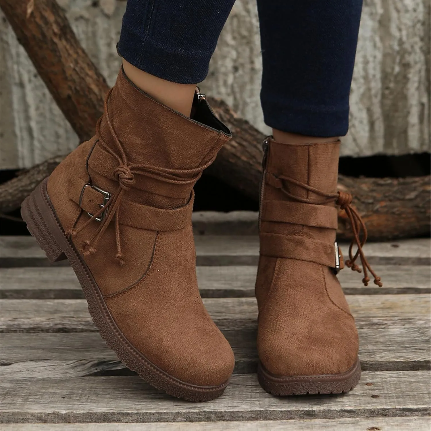 Ladmiple Boots For Women Ankle Booties Wide Width Mid Calf Dress Biker Boots Side Zipper Motorcycle Riding Western Boots