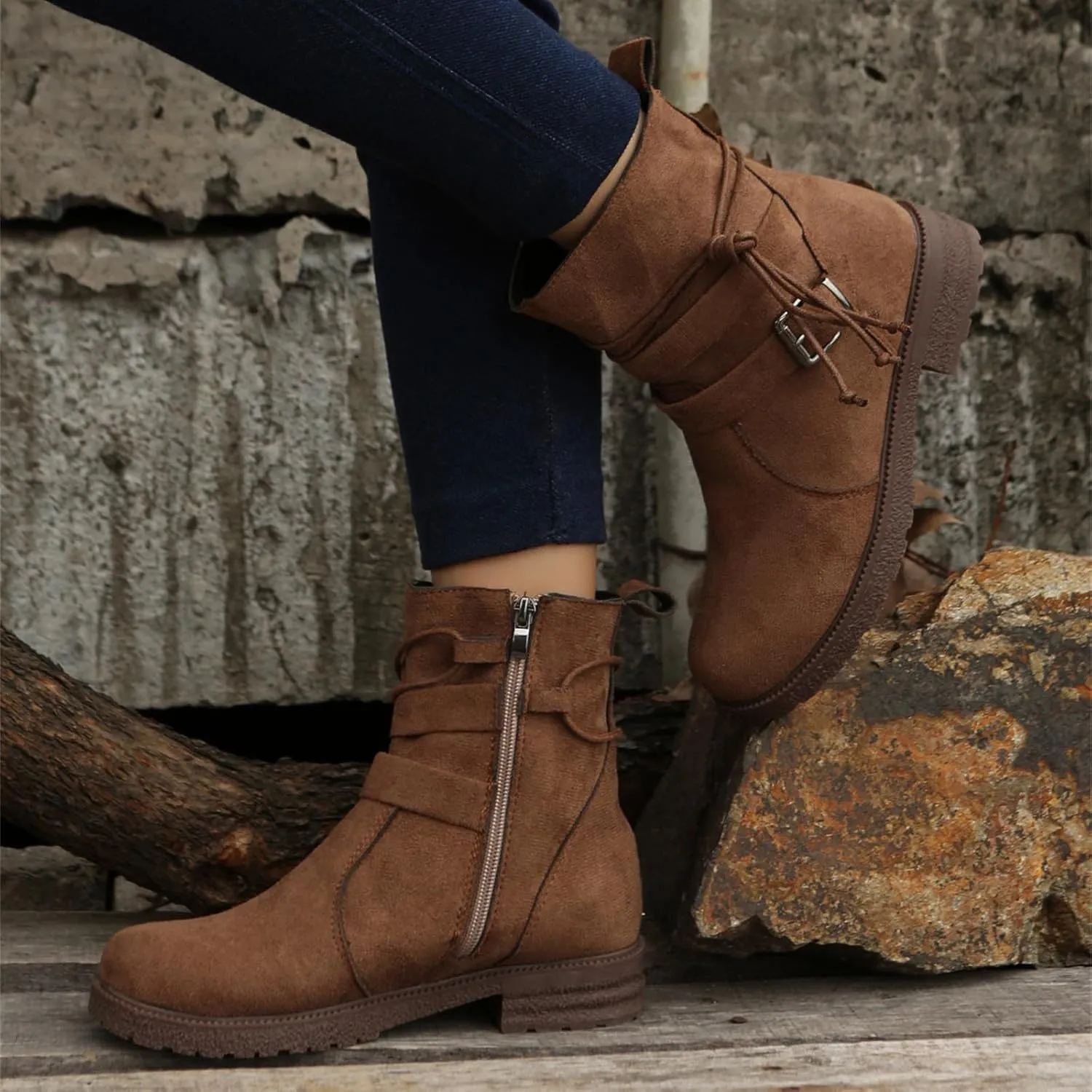 Ladmiple Boots For Women Ankle Booties Wide Width Mid Calf Dress Biker Boots Side Zipper Motorcycle Riding Western Boots