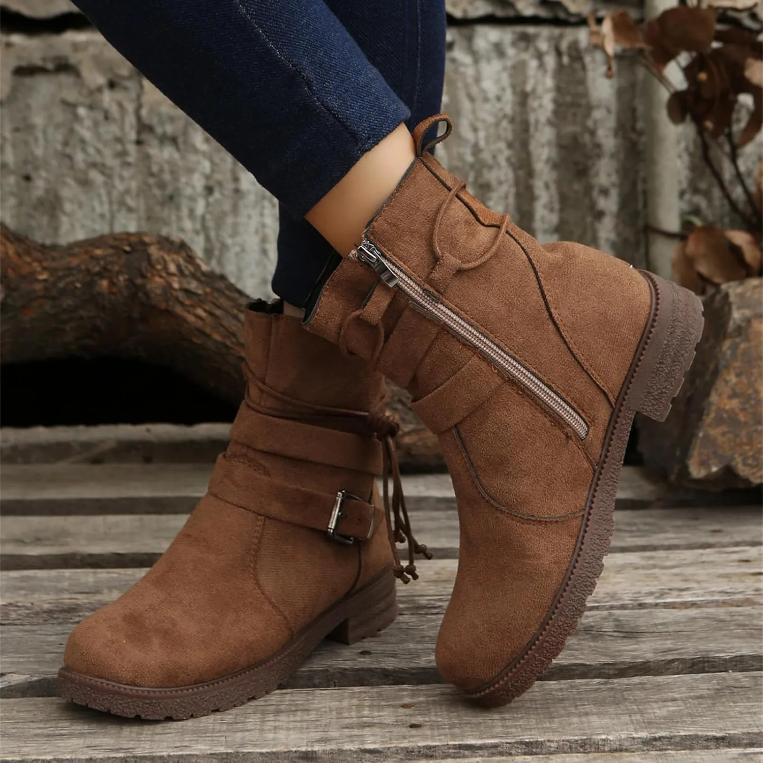Ladmiple Boots For Women Ankle Booties Wide Width Mid Calf Dress Biker Boots Side Zipper Motorcycle Riding Western Boots
