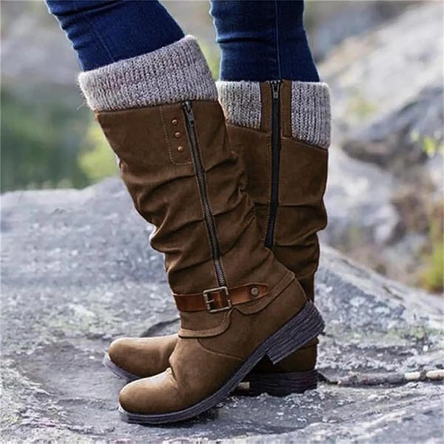 Ladmiple Boots For Women Ankle Booties Wide Width Mid Calf Low Heel Side Zip Combat Boots Motorcycle Riding Biker Boots
