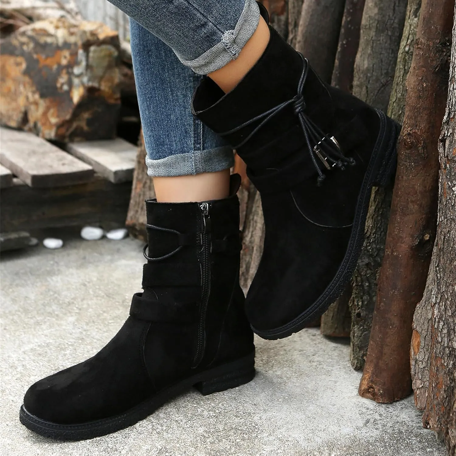 Ladmiple Boots For Women Ankle Booties Wide Width Mid Calf Riding Winter Boots Side Zipper Low Heel Motorcycle Biker Boots