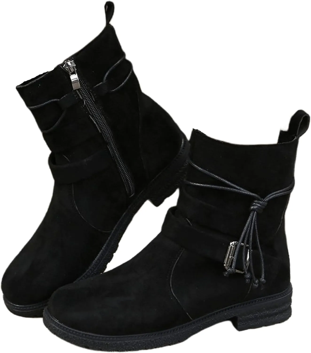 Ladmiple Boots For Women Ankle Booties Wide Width Mid Calf Riding Winter Boots Side Zipper Low Heel Motorcycle Biker Boots