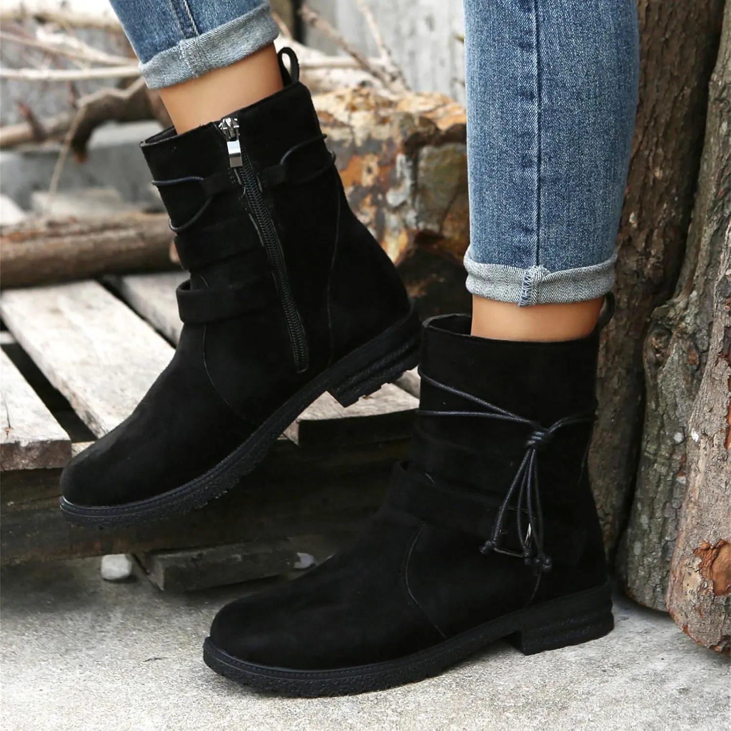 Ladmiple Boots For Women Ankle Booties Wide Width Mid Calf Riding Winter Boots Side Zipper Low Heel Motorcycle Biker Boots