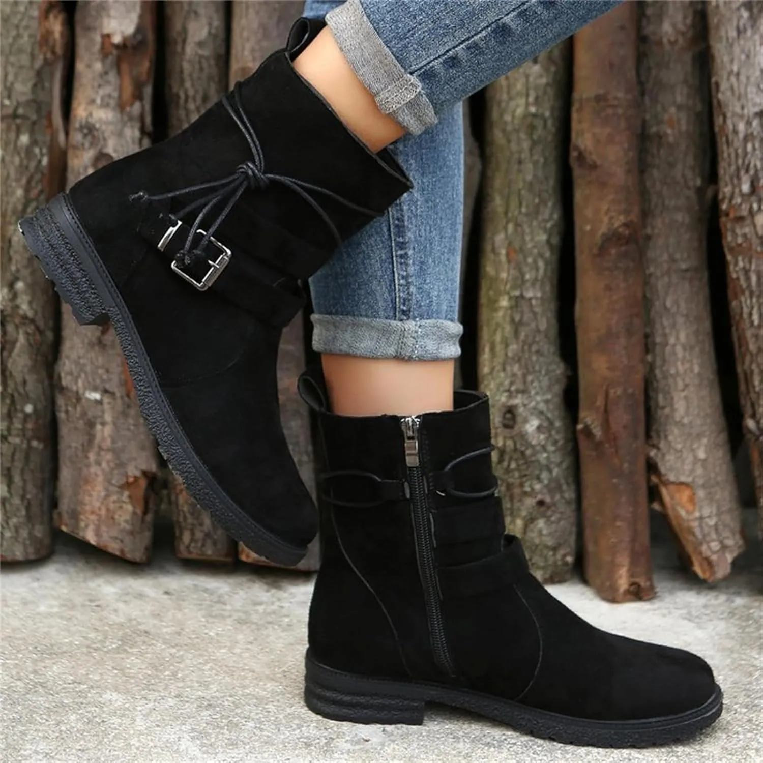 Ladmiple Boots For Women Ankle Booties Wide Width Mid Calf Riding Winter Boots Side Zipper Low Heel Motorcycle Biker Boots