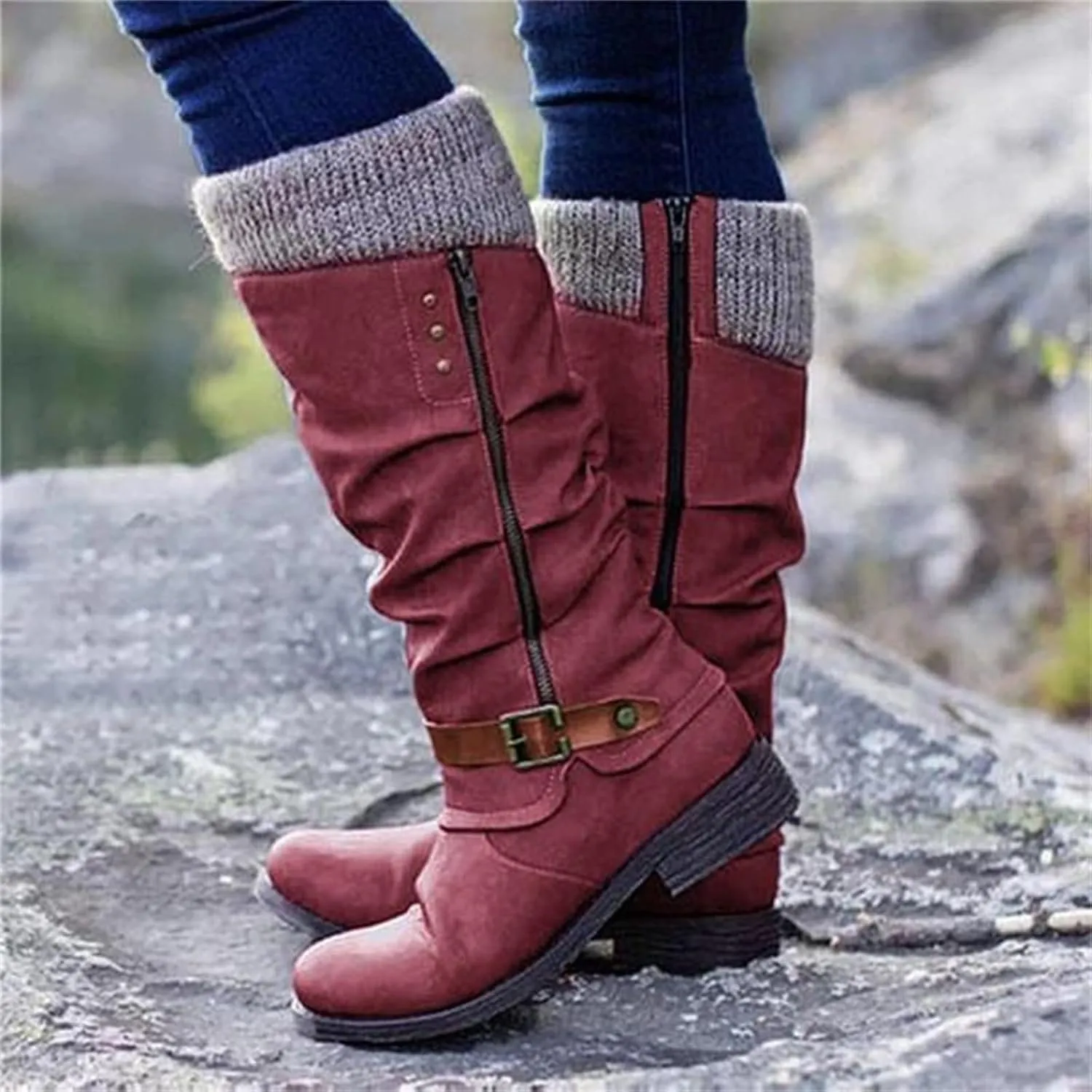Ladmiple Boots For Women Ankle Booties Wide Width Mid Calf Riding Winter Boots Side Zipper Motorcycle Combat Biker Boots