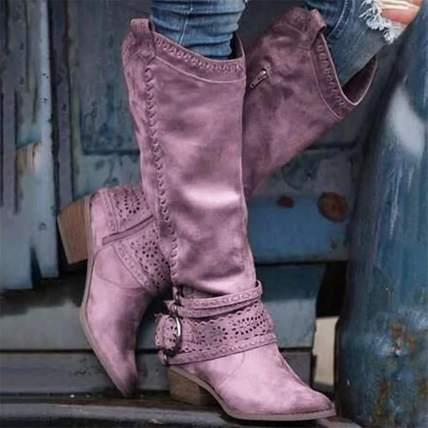 Ladmiple Cowgirl Boots Women Knee High Cowboy Boots Block Chunky Heel Western Mid Calf Boots Riding Wedding Boots Pull On