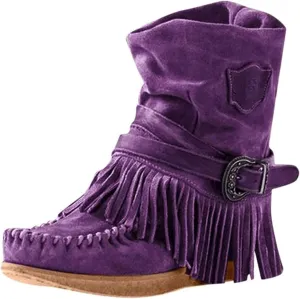 Ladmiple Fringe Boots For Women Wide Calf Cowboy Boots Classic Cowgirl Western Ankle Boots Retro Country Mid Calf Short Booties