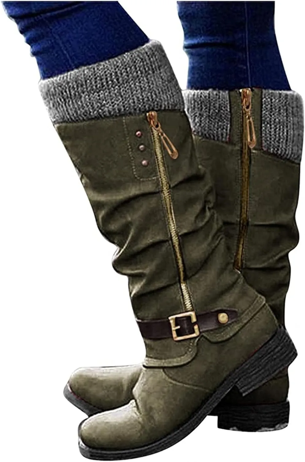 Ladmiple Motorcycle Boots Women Riding Military Combat Boots Mid Calf Side Zipper Low Heel Winter Western Biker Boots 2024