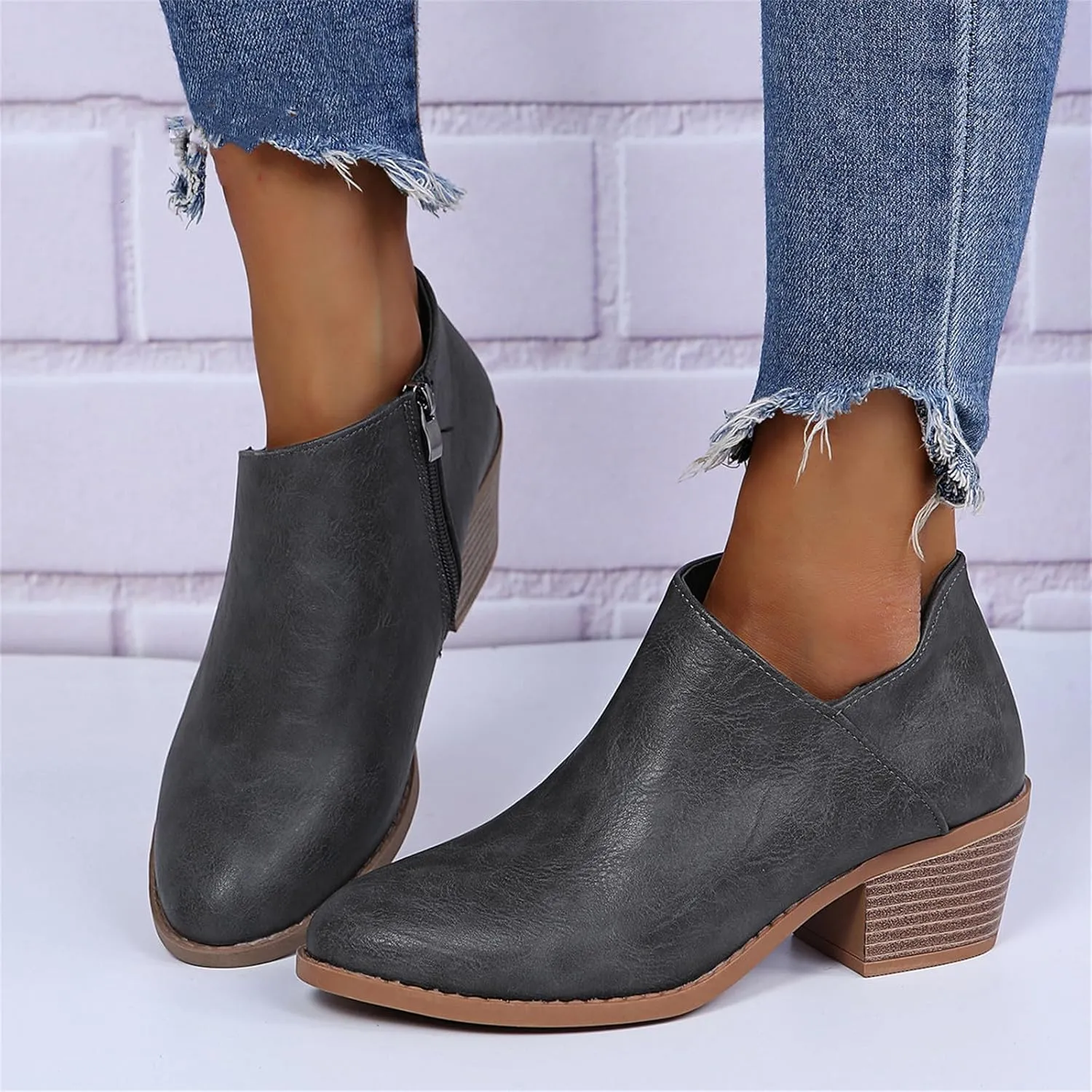 Lausiuoe Ankle Boots For Women Dressy Chunky Heel Booties Western Shoes Wide Width Pointed Toe Side Zipper Short Boots