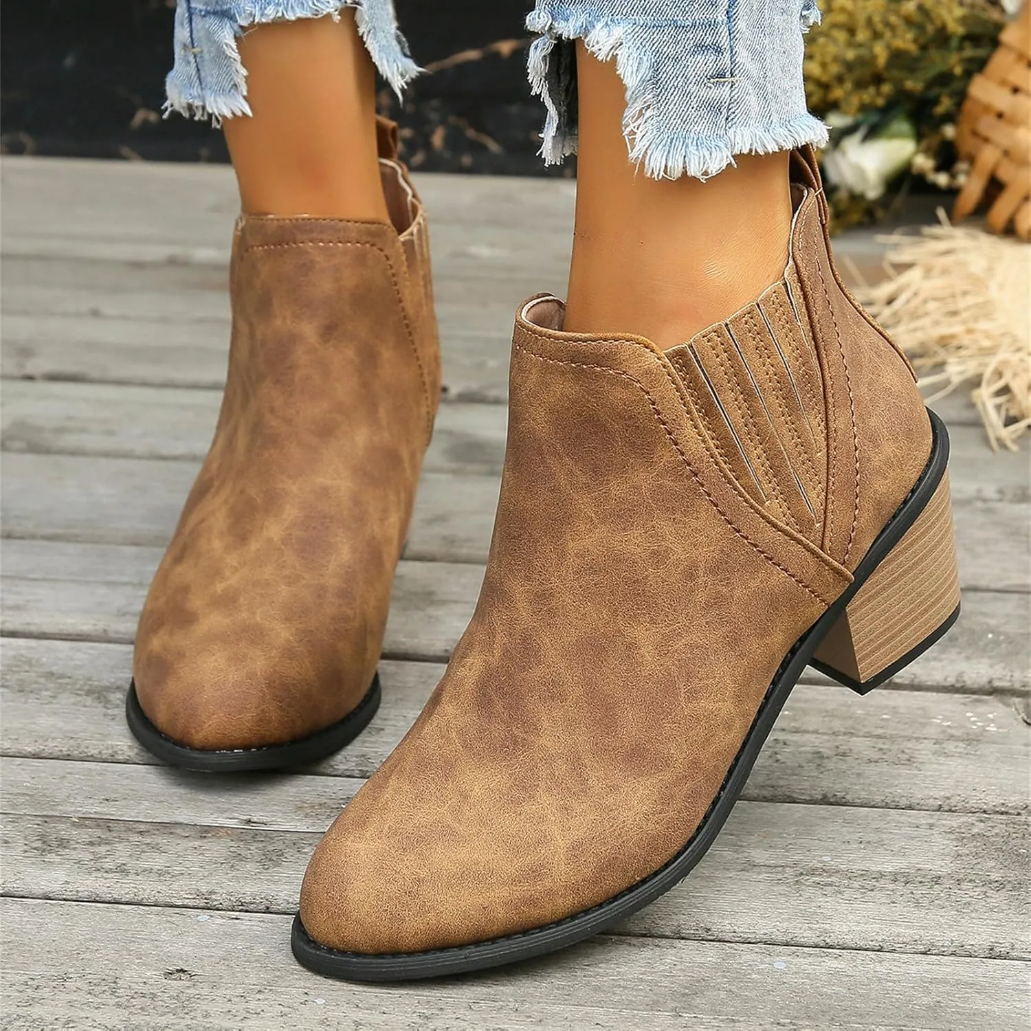 Lausiuoe Ankle Boots For Women Dressy Chunky Heel Booties Western Shoes Wide Width Pointed Toe Side Zipper Short Boots