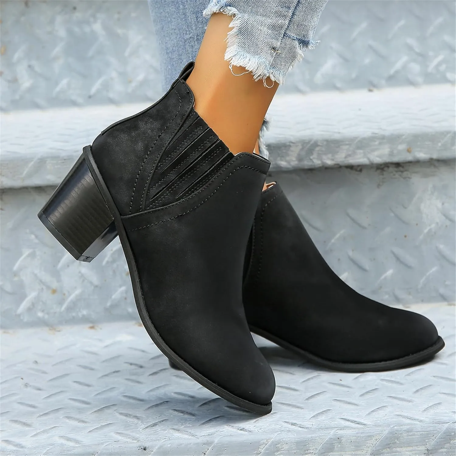 Lausiuoe Ankle Boots For Women Dressy Chunky Heel Booties Western Shoes Wide Width Pointed Toe Side Zipper Short Boots