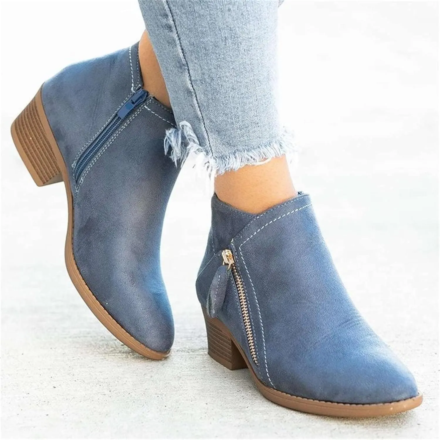 Lausiuoe Ankle Boots For Women Dressy Chunky Heel Booties Western Shoes Wide Width Pointed Toe Side Zipper Short Boots
