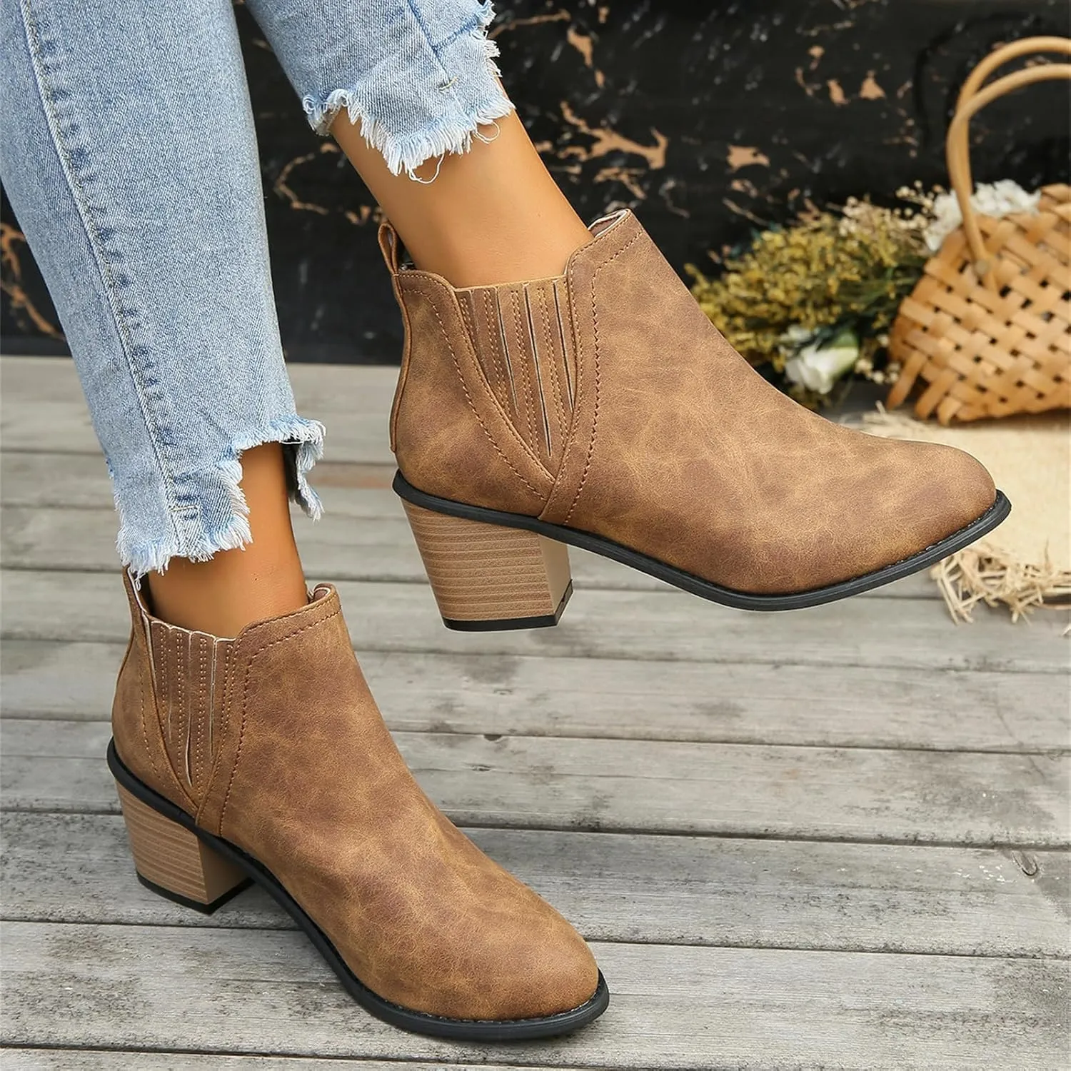 Lausiuoe Ankle Boots For Women Dressy Chunky Heel Booties Western Shoes Wide Width Pointed Toe Side Zipper Short Boots