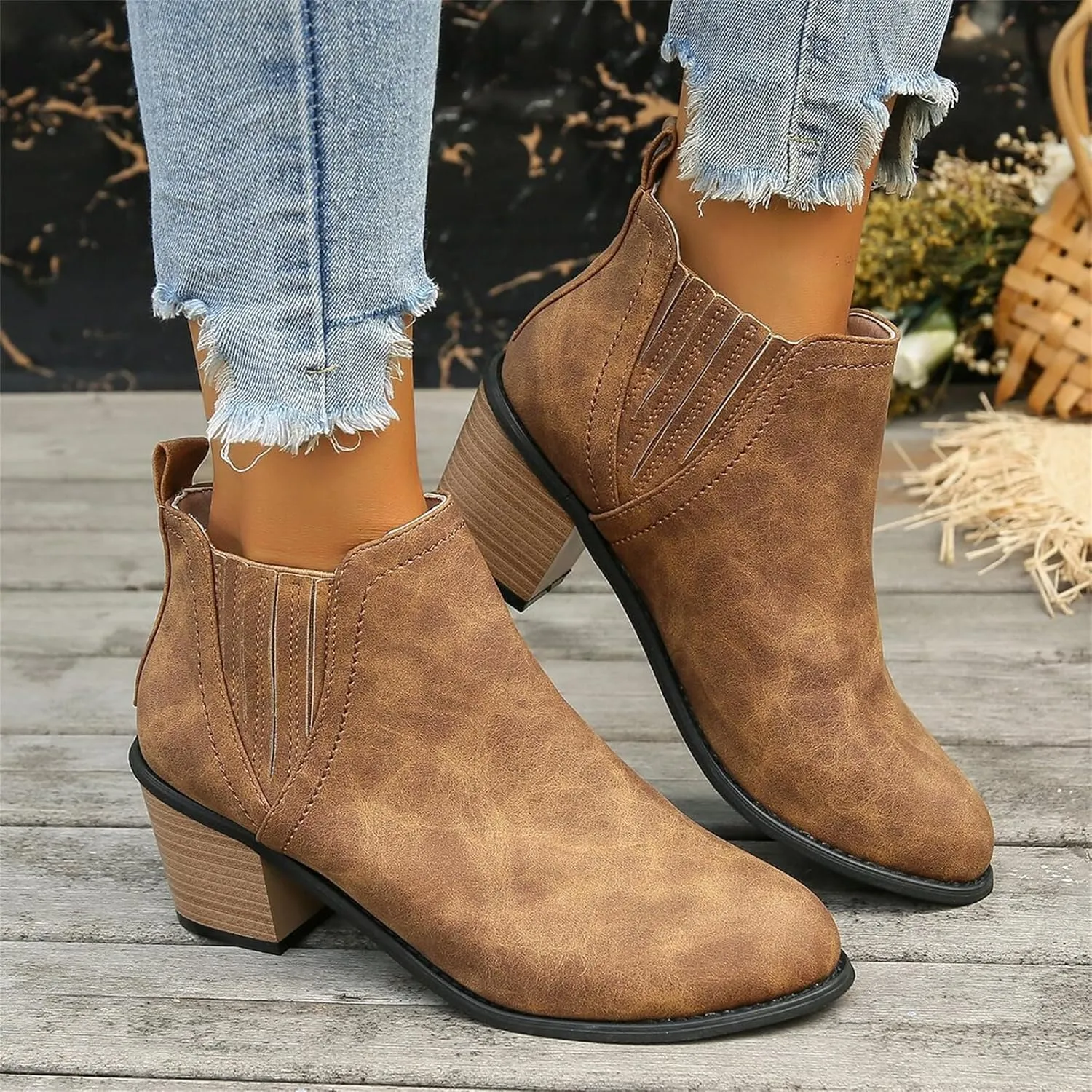 Lausiuoe Ankle Boots For Women Dressy Chunky Heel Booties Western Shoes Wide Width Pointed Toe Side Zipper Short Boots
