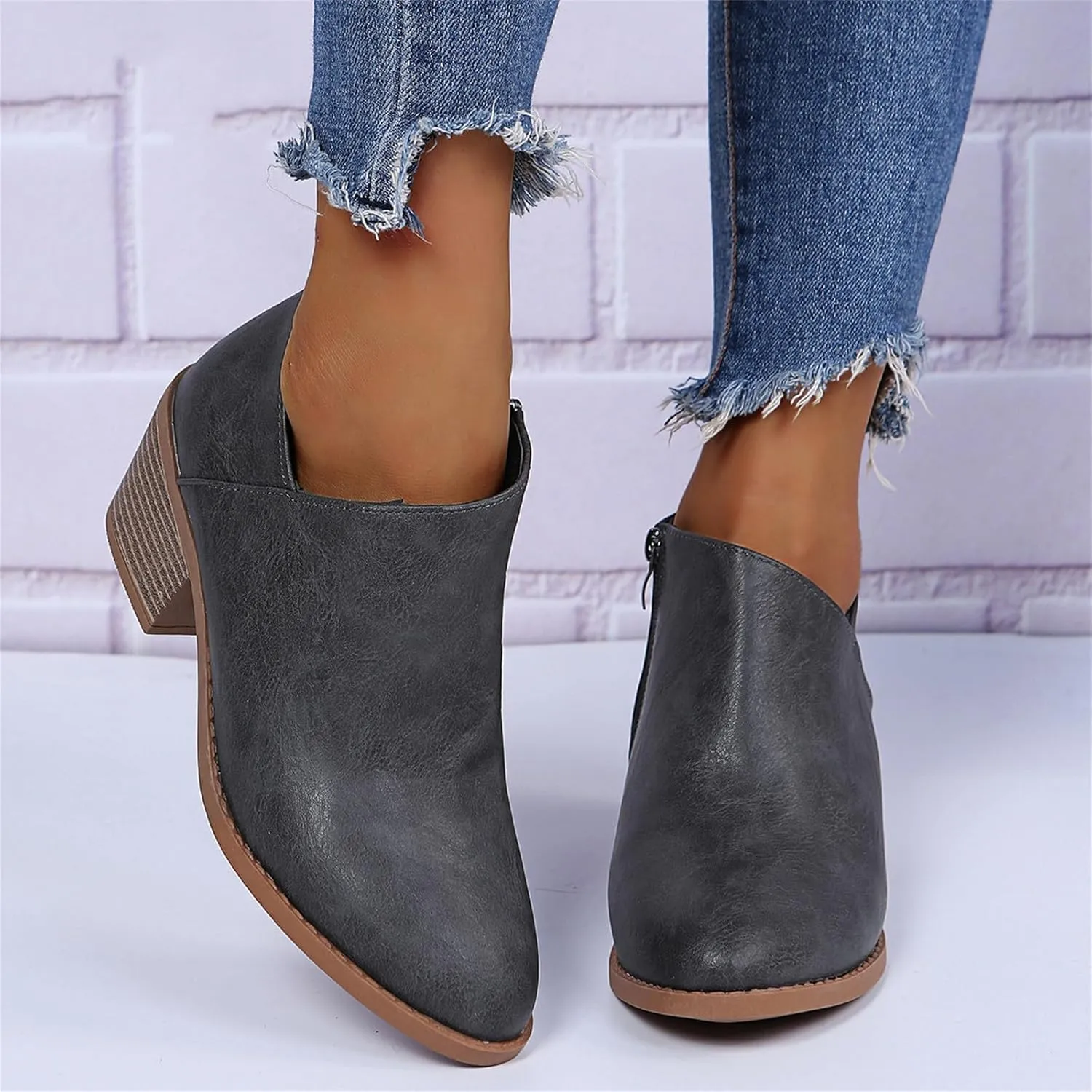 Lausiuoe Ankle Boots For Women Dressy Chunky Heel Booties Western Shoes Wide Width Pointed Toe Side Zipper Short Boots
