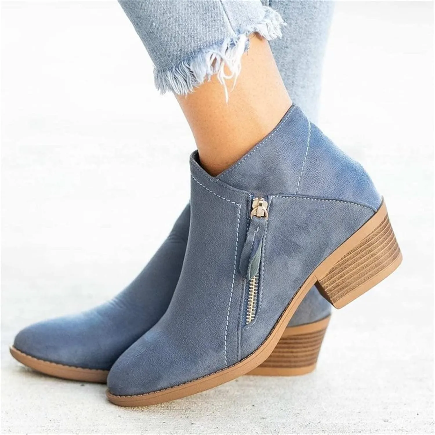 Lausiuoe Ankle Boots For Women Dressy Chunky Heel Booties Western Shoes Wide Width Pointed Toe Side Zipper Short Boots