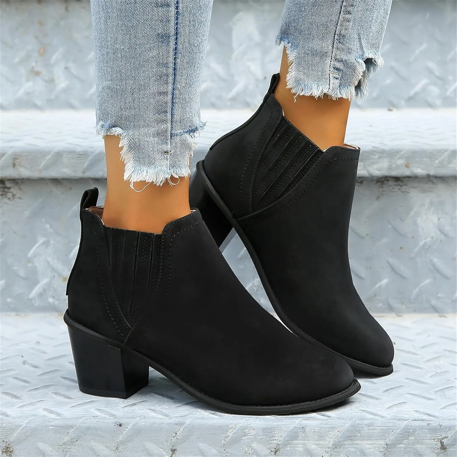 Lausiuoe Ankle Boots For Women Dressy Chunky Heel Booties Western Shoes Wide Width Pointed Toe Side Zipper Short Boots