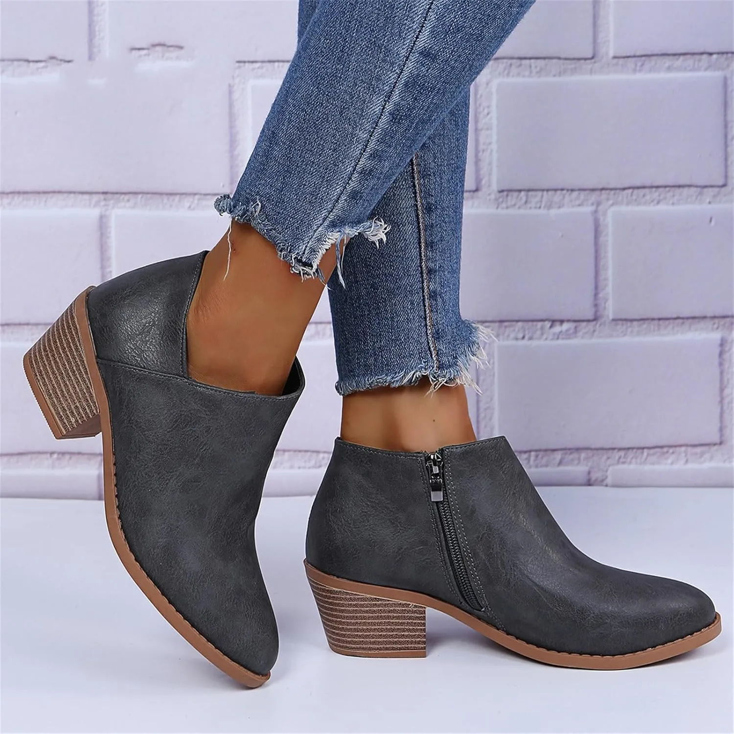Lausiuoe Ankle Boots For Women Dressy Chunky Heel Booties Western Shoes Wide Width Pointed Toe Side Zipper Short Boots