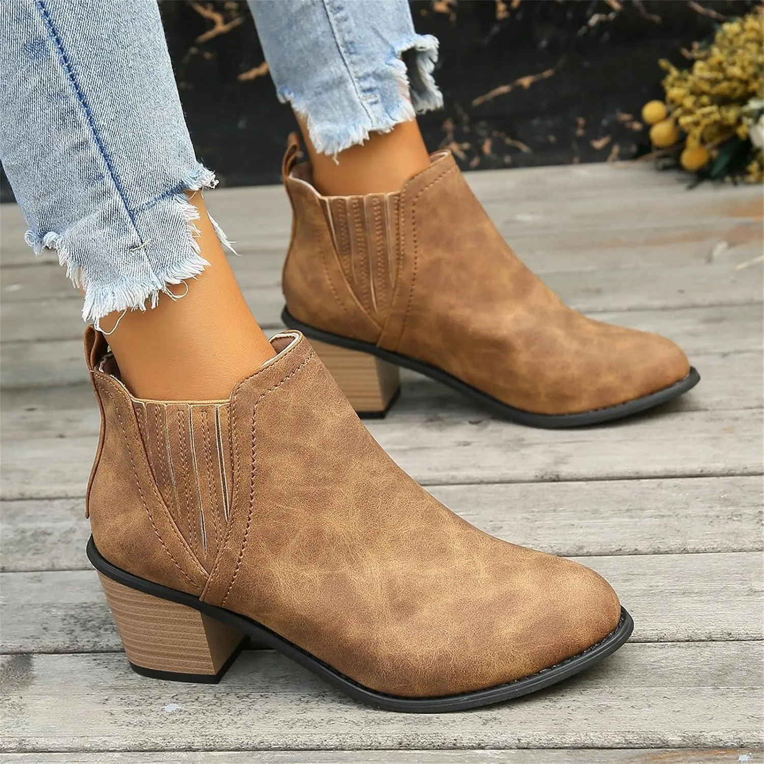 Lausiuoe Ankle Boots For Women Dressy Chunky Heel Booties Western Shoes Wide Width Pointed Toe Side Zipper Short Boots
