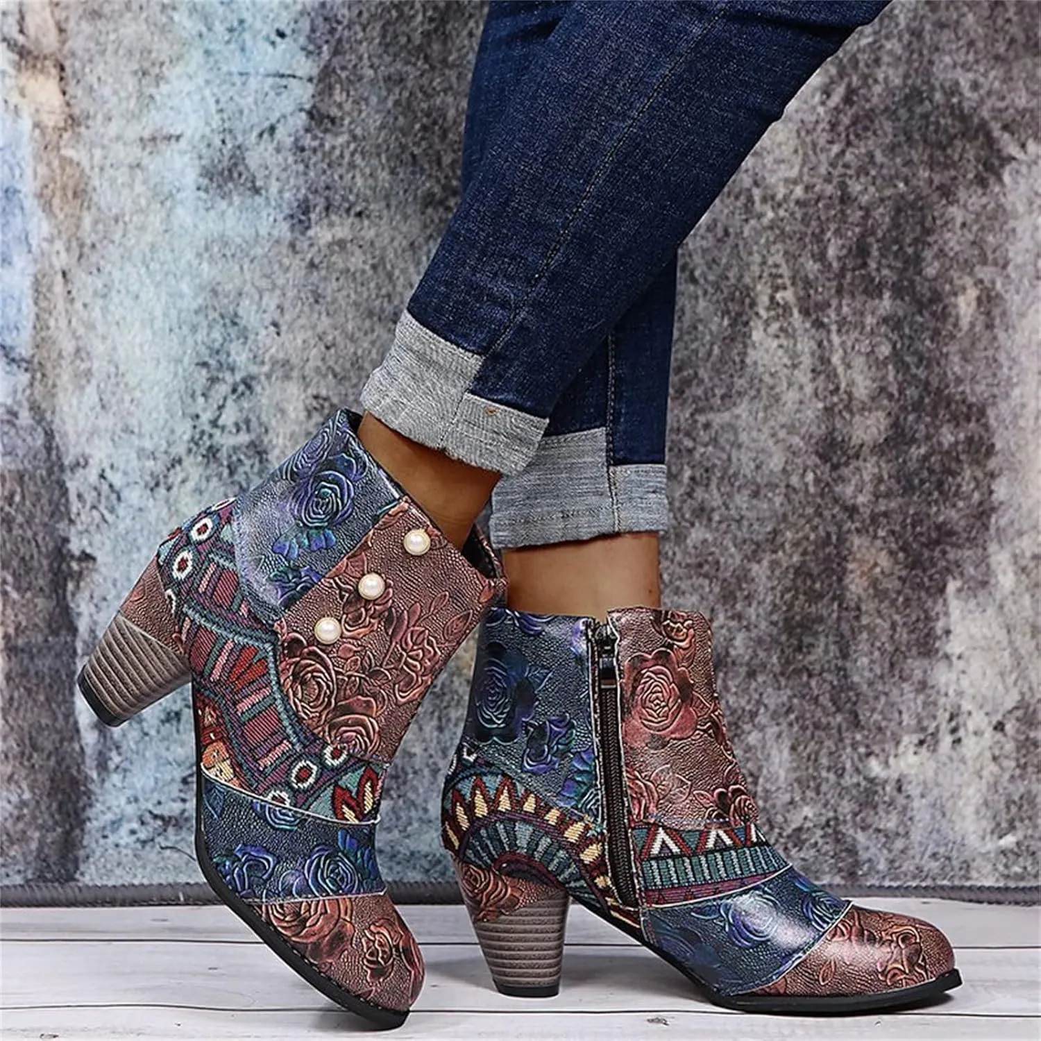 Lausiuoe Ankle Boots For Women Dressy Chunky Heel Slip on Bootie Fashion Wide Width Side Zipper Western Short Boots