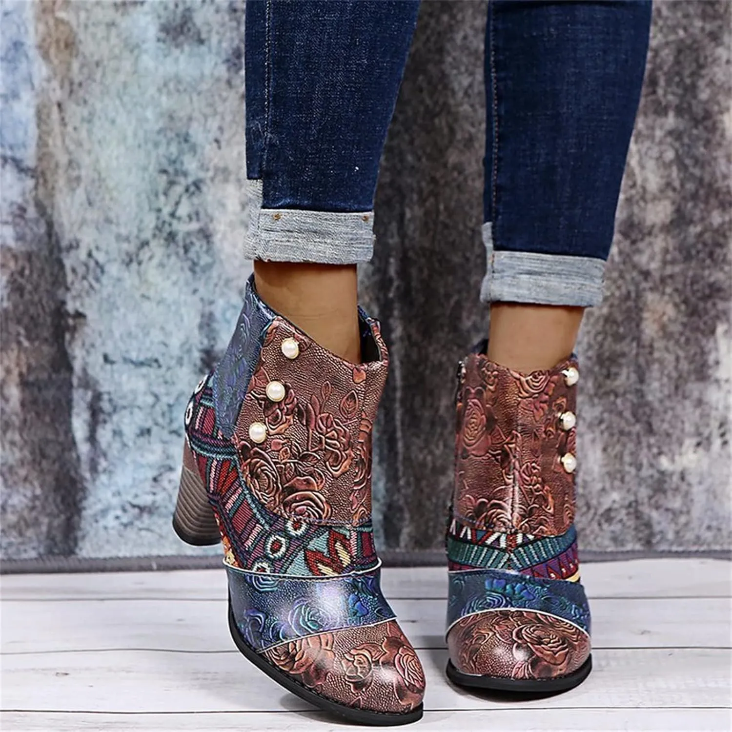 Lausiuoe Ankle Boots For Women Dressy Chunky Heel Slip on Bootie Fashion Wide Width Side Zipper Western Short Boots