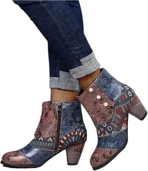 Lausiuoe Ankle Boots For Women Dressy Chunky Heel Slip on Bootie Fashion Wide Width Side Zipper Western Short Boots