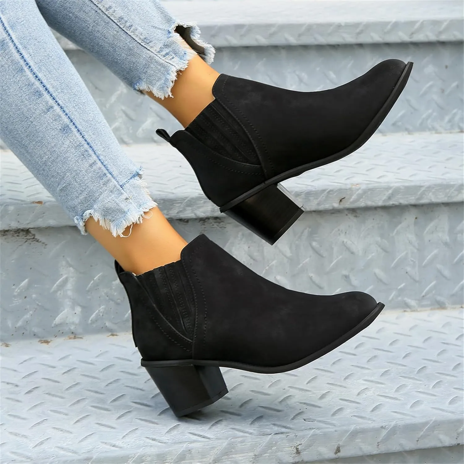 Lausiuoe Ankle Boots For Women Dressy Chunky Heel Slip on Pointed Toe Booties Wide Width Side Zipper Western Short Boots