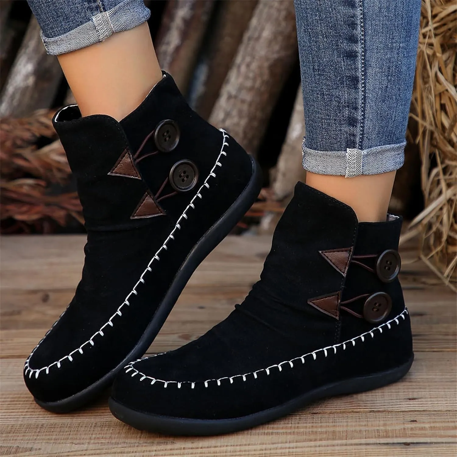 Lausiuoe Ankle Boots For Women No Heel Casual Dressy Fashion Short Boots Side Zipper Western Flat Shoes Boot Pull-On