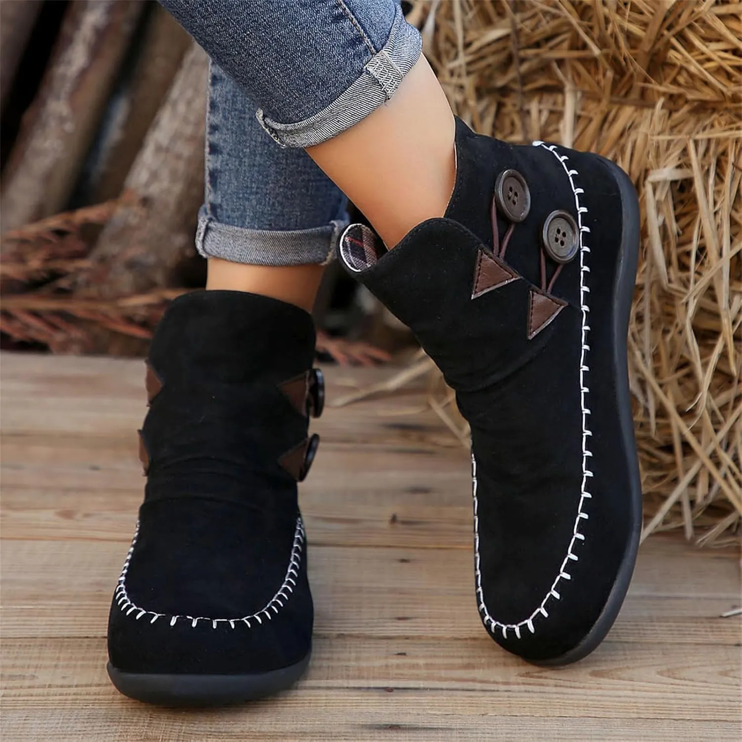 Lausiuoe Ankle Boots For Women No Heel Casual Dressy Fashion Short Boots Side Zipper Western Flat Shoes Boot Pull-On