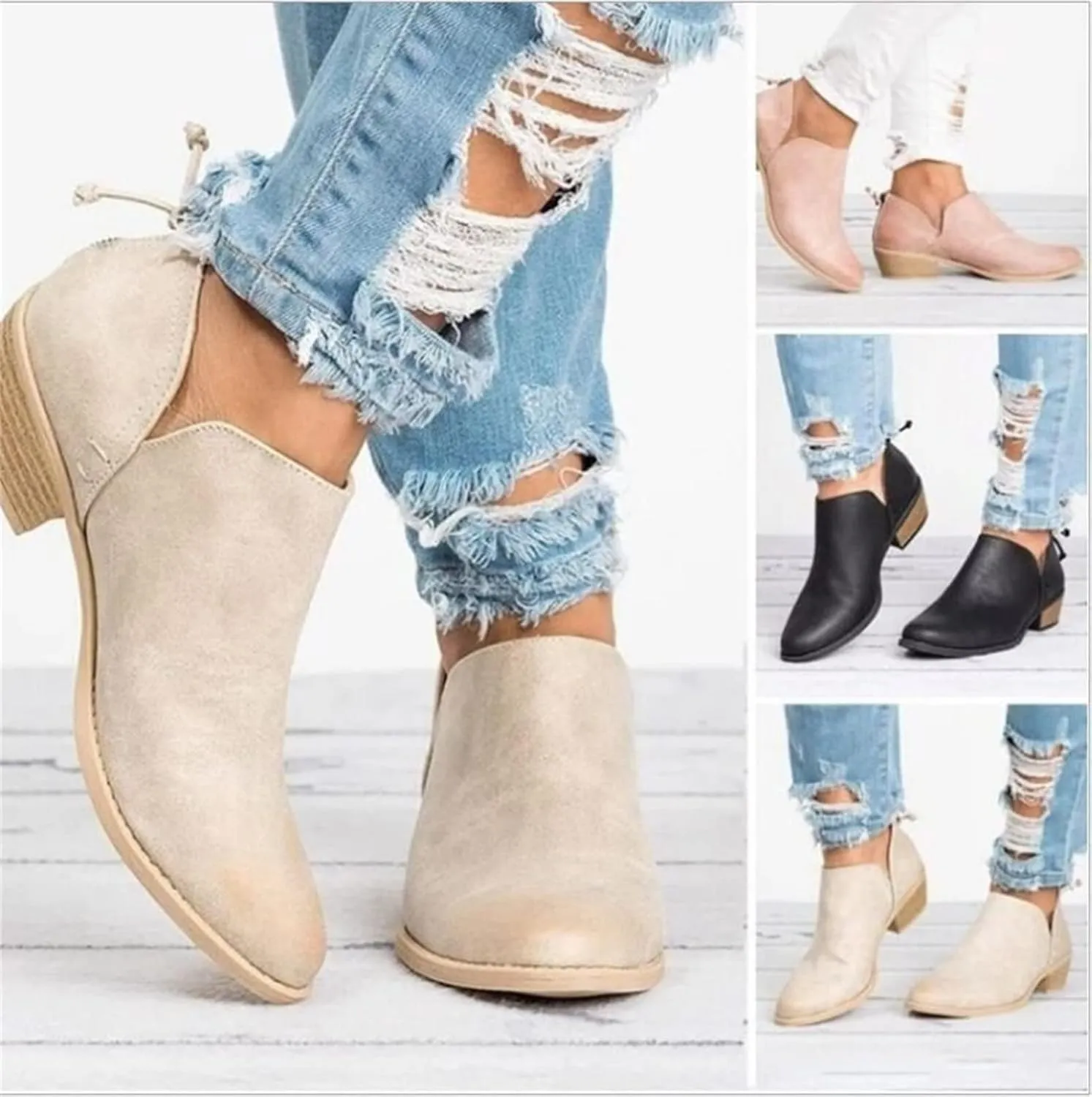 Lausiuoe Booties For Women Chunky Heel Sexy Ankle Boots Chunky Stacked Mid Heel Fashion Side Zipper Western Short Boots