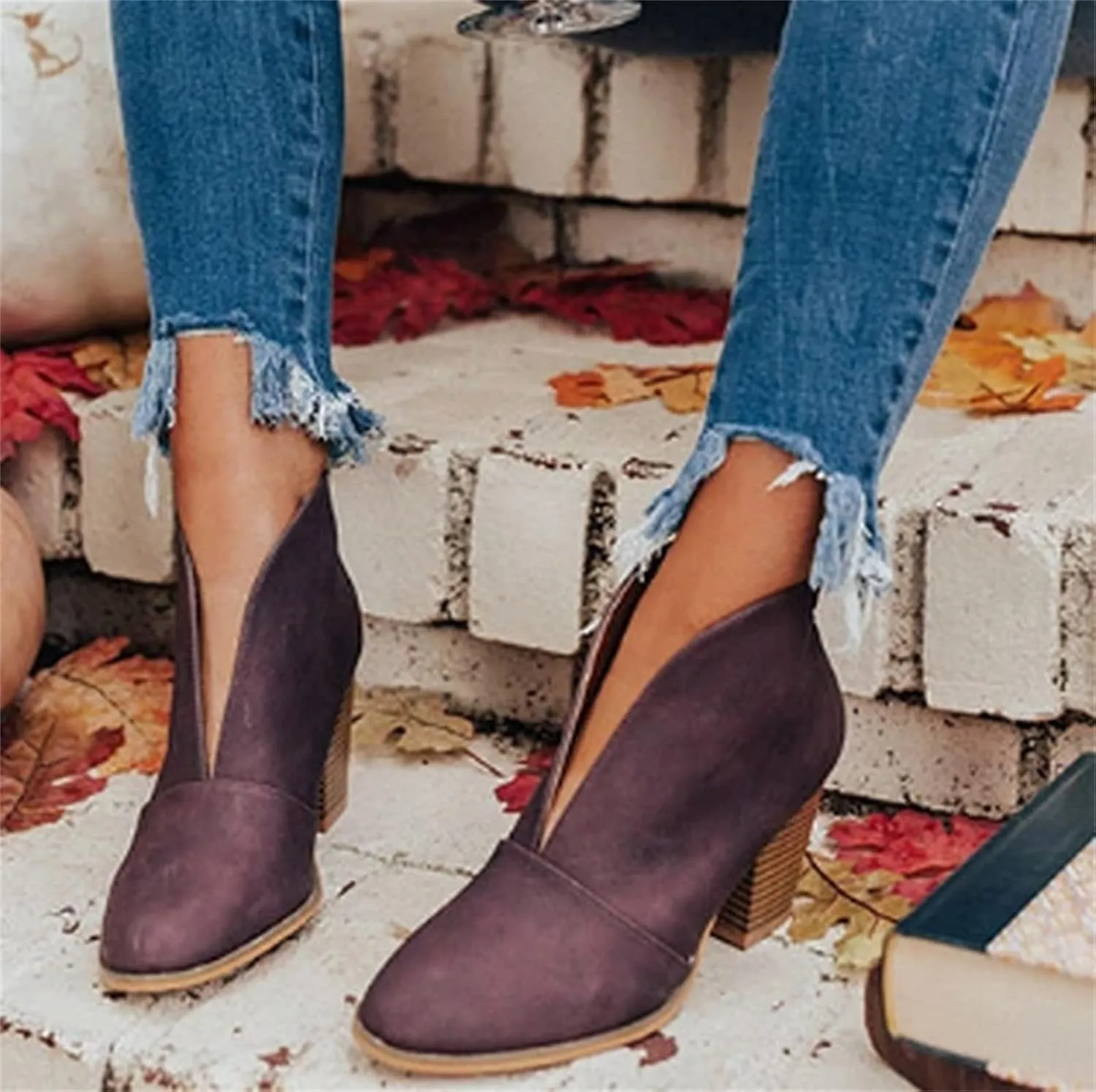 Lausiuoe Boots For Women Ankle Booties Sexy Low Heels Cut Out Stacked Chunky Block Casual Dressy Slip on Ankle Boots