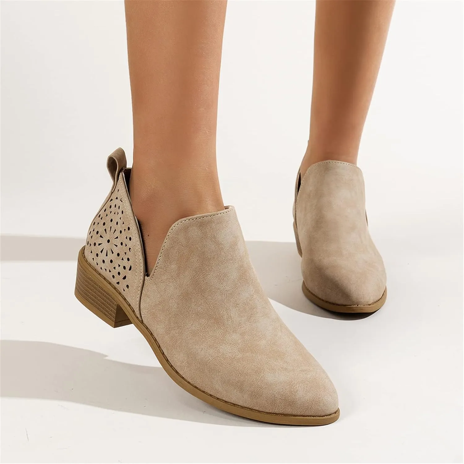 Lausiuoe Boots For Women Ankle Booties Sexy Low Heels Platform Chunky Block Casual Dressy Wide Slip on V Cutout Booties