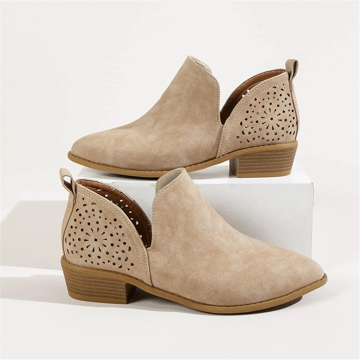 Lausiuoe Boots For Women Ankle Booties Sexy Low Heels Platform Chunky Block Casual Dressy Wide Slip on V Cutout Booties