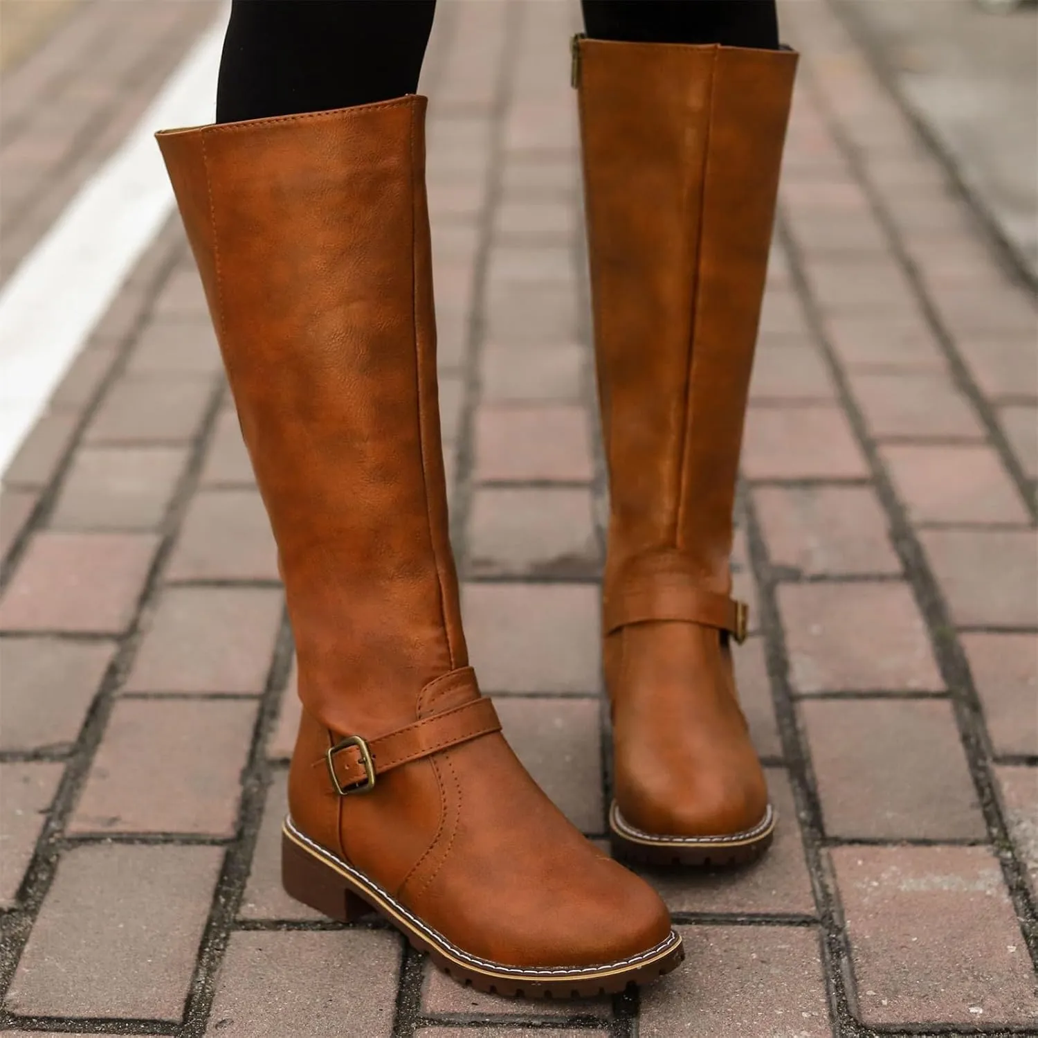 Lausiuoe Boots For Women Knee High Wide Width Cowboy Cowgirl Western Boots Low Heel Wide Calf Fashion Boot Pull-On
